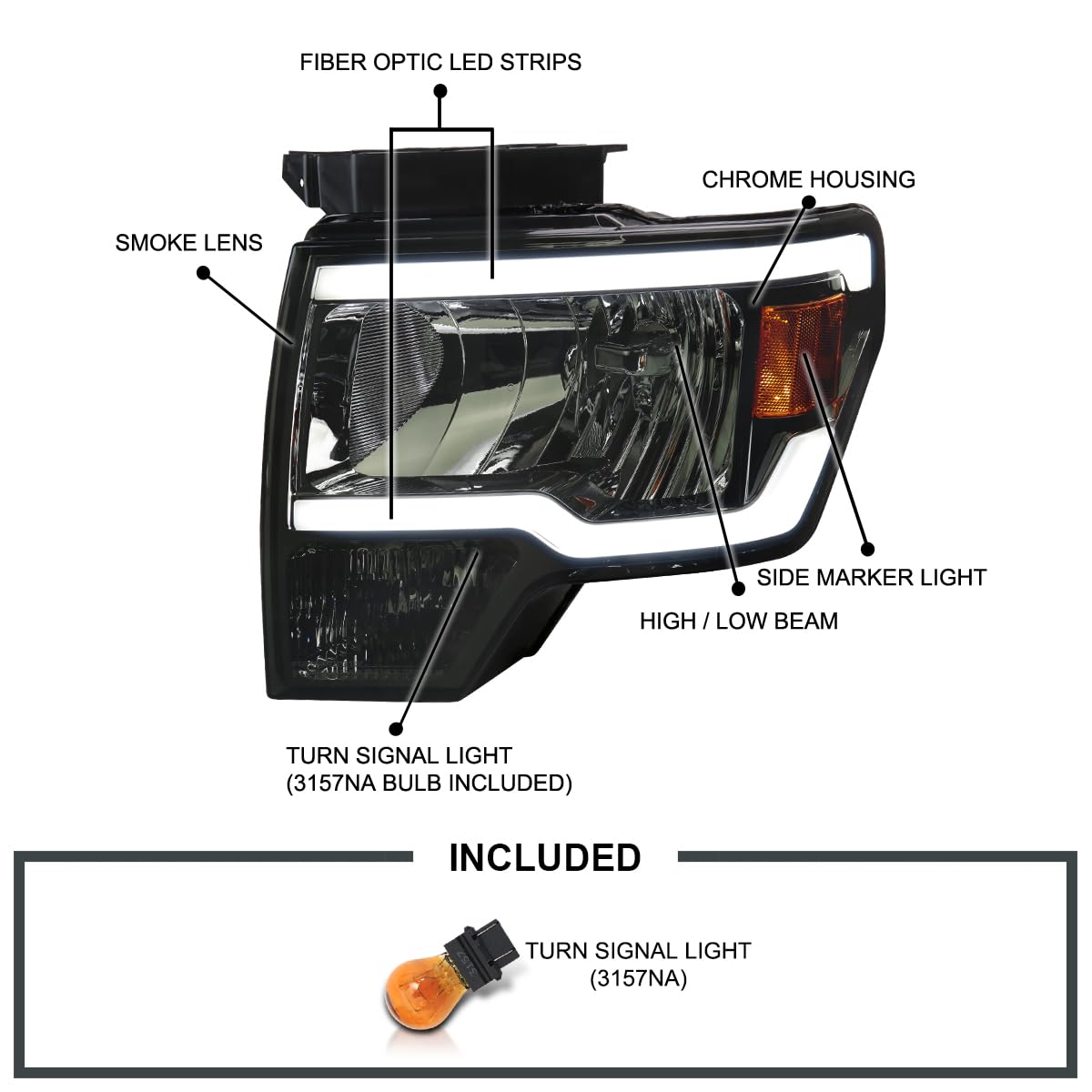 Smoke Headlights w/LED Tube SPEC-D TUNING Compatible with 2009-2014 Ford F150 F-150, Left + Right Pair Headlamps Assembly