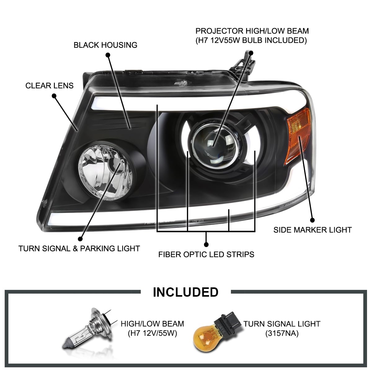 Black LED Tube Bar Projector Headlights SPEC-D TUNING Compatible with 2004-2008 Ford F-150, 2006-2008 Lincoln Mark LT, Left + Right Pair Headlamps Assembly