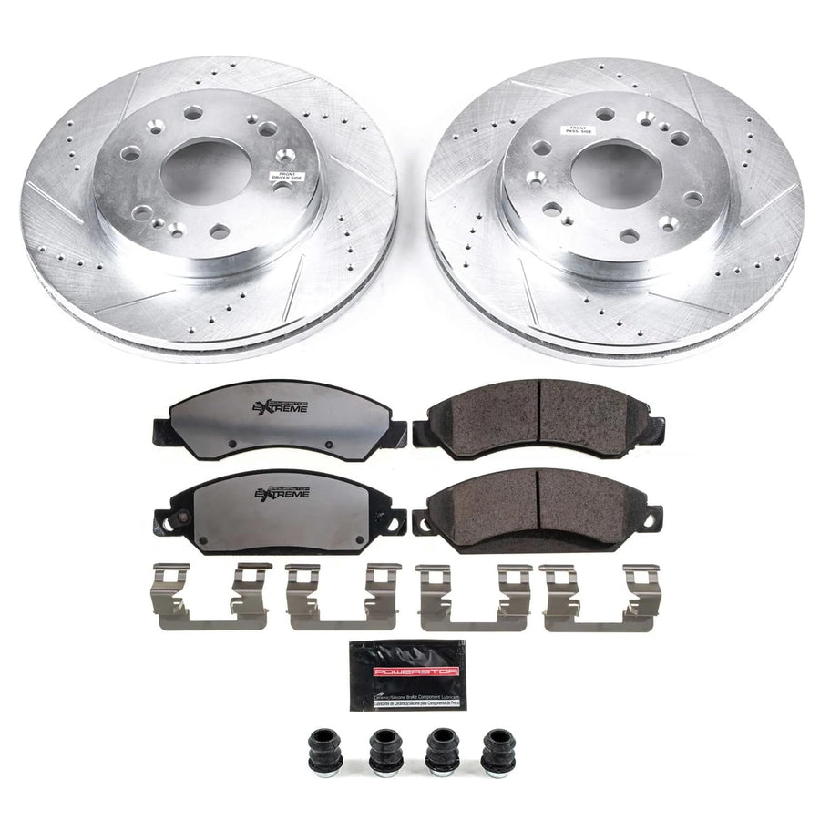 Front Brake Kit Power Stop For 2007 2008 Cadillac Escalade 2007 2008 Cadillac Escalade ESV - Truck & Tow Carbon Fiber Ceramic Brake Pads & Drilled and Slotted Rotors Replacement, K2067-36