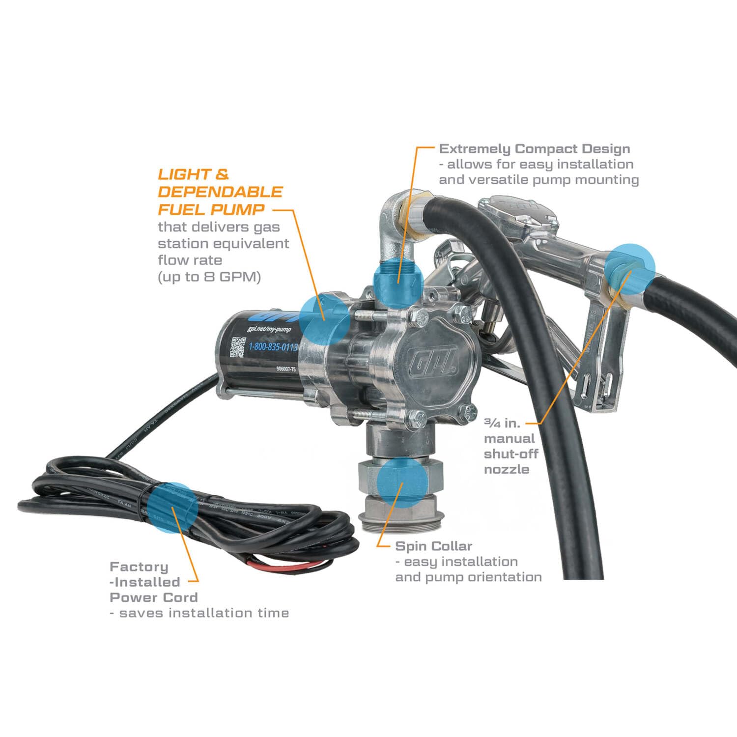 EZ-8 GPI - Fuel Transfer Pump, Manual Shut-Off Nozzle with Spin Collar, 8 GPM, 12 Volt (137100-05)