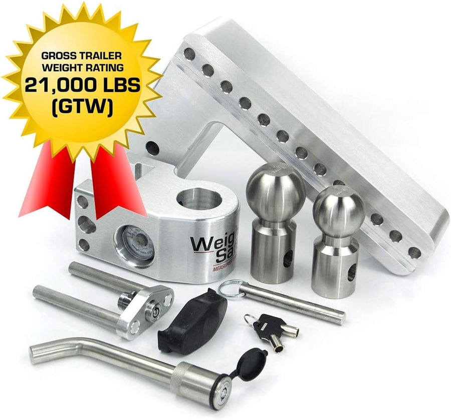 Weigh Safe Adjustable Aluminum Trailer Hitch - Anti-Sway Towing Hitch for 3" Receivers - 10" Drop Hitch, 21,000 lbs GTW, 4-Piece Lock Set