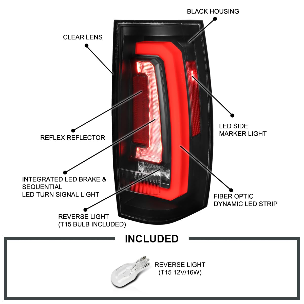 Matte Black SPEC-D TUNING Tail Lights w/Red LED Sequential Turn Signals and Startup Animation Compatible with 2007-2014 Chevy Tahoe, Suburban, GMC Yukon/Denali/XL, Left + Right Pair Assembly