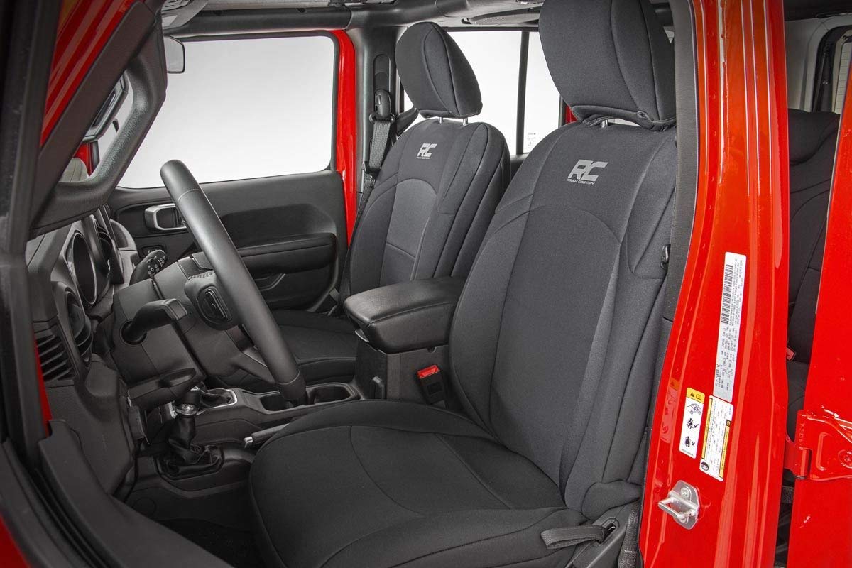 Rough Country Seat Covers Neoprene for Jeep Wrangler JL 4-Door (2018-2024) w/No Rear Arm Rest - Waterproof & UV Resistant, Foam Padded, Front & Rear Seat Cover Set