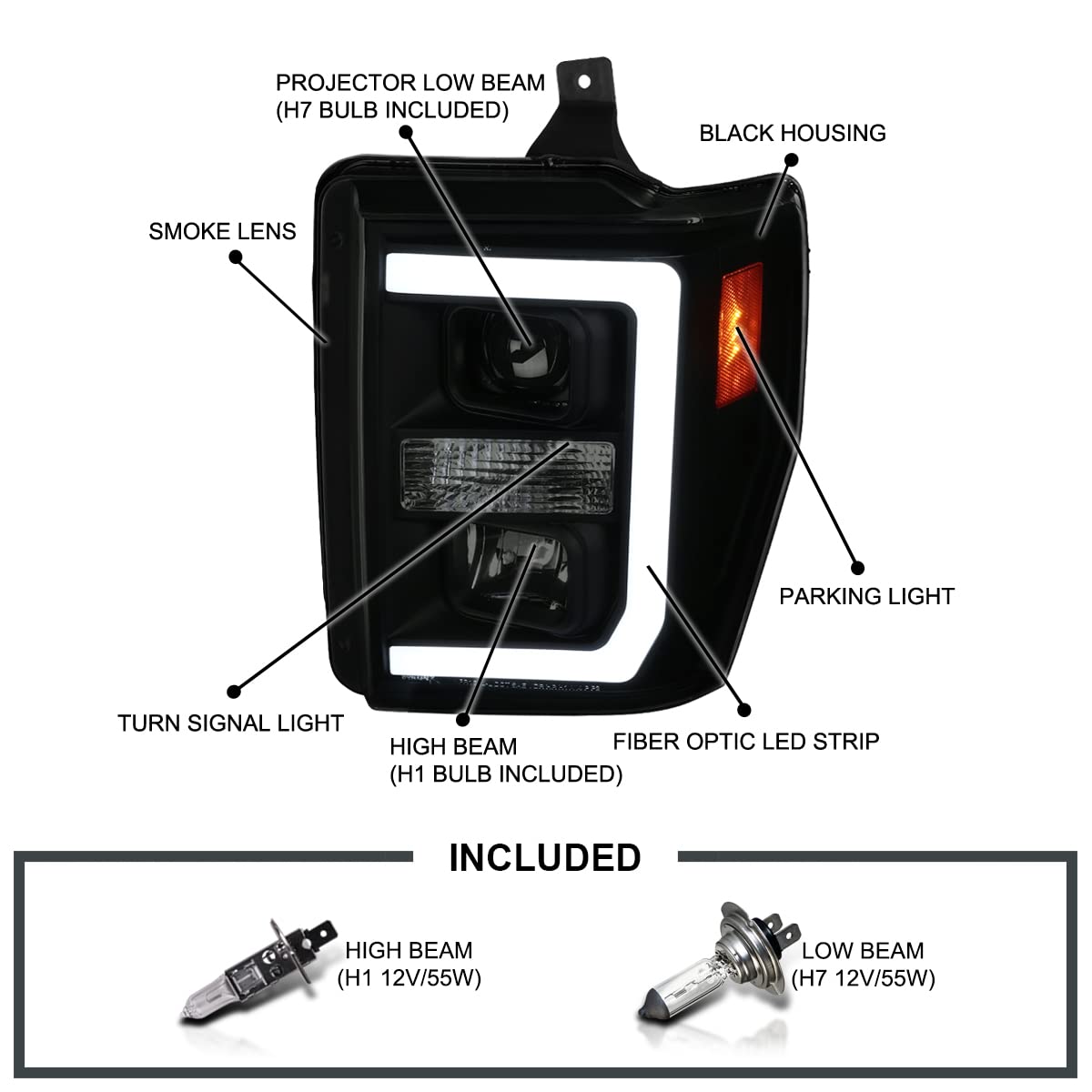 Black Smoke SPEC-D TUNING Projector Headlights w/LED Bar Compatible with 2008-2010 Ford F-250, F-350, F-450, F-550 Super Duty, Left + Right Pair Headlamps Assembly