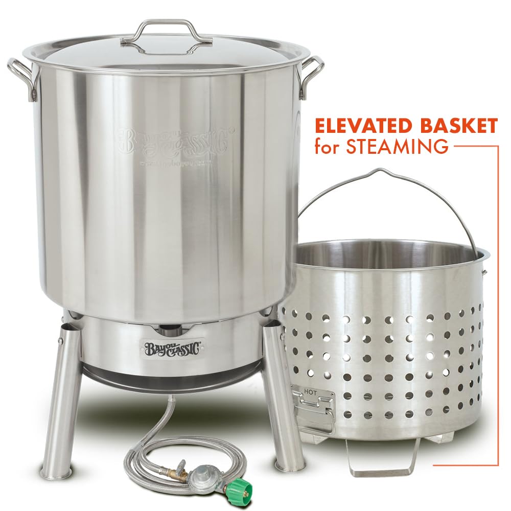 KDS-982 Bayou Classic Stainless Steel Steamer Kit Features 82-qt Stockpot with Lid, Steam Basket with Helper Handle, Single Jet 106,000 BTU Burner, 10-psi Pre-Set Regulator and 60-in Hose