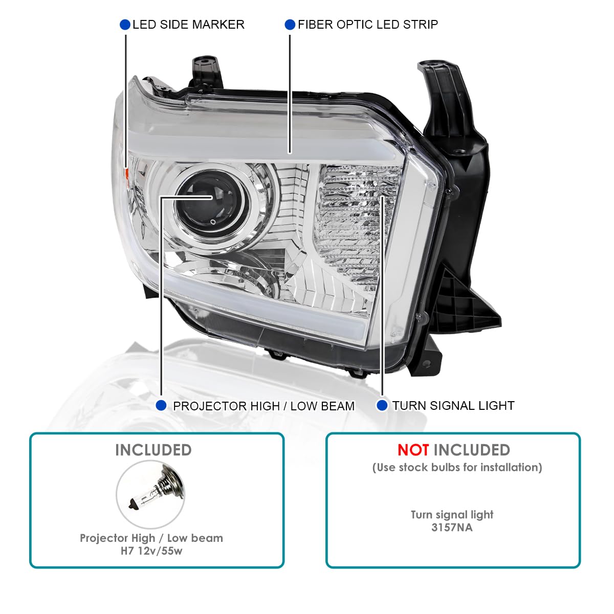 Chrome Projector Headlights w/LED Tube SPEC-D TUNING Compatible with 2014-2021 Toyota Tundra, Left + Right Pair Headlamp Assembly