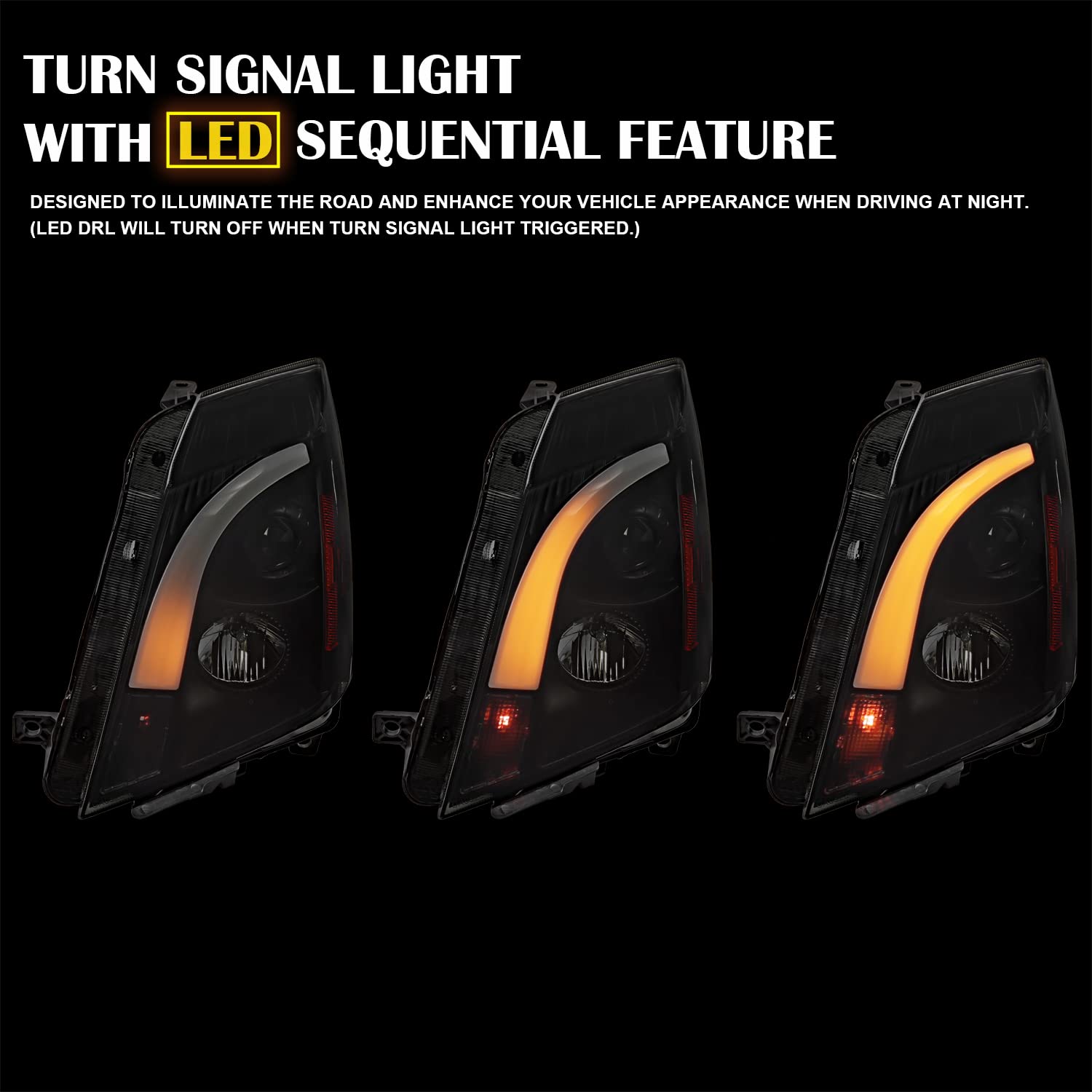 Black Smoke LED Switchback Projector Headlights SPEC-D TUNING Compatible with 2008-2014 Cadillac CTS, Left + Right Pair Headlamps Assembly