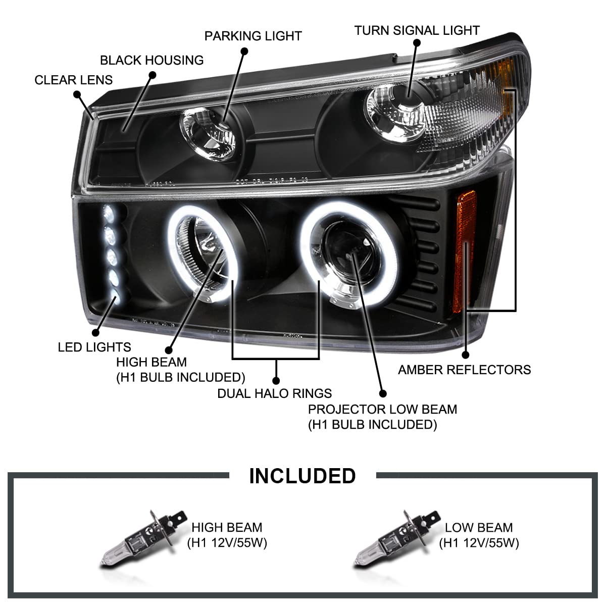 Black Housing SPEC-D TUNING Clear Lens LED Halo Projector Headlights + Bumper Lights Compatible with 2004-2012 Chevy Colorado, 2004-2012 GMC Canyon, Left + Right Pair Headlamps Assembly