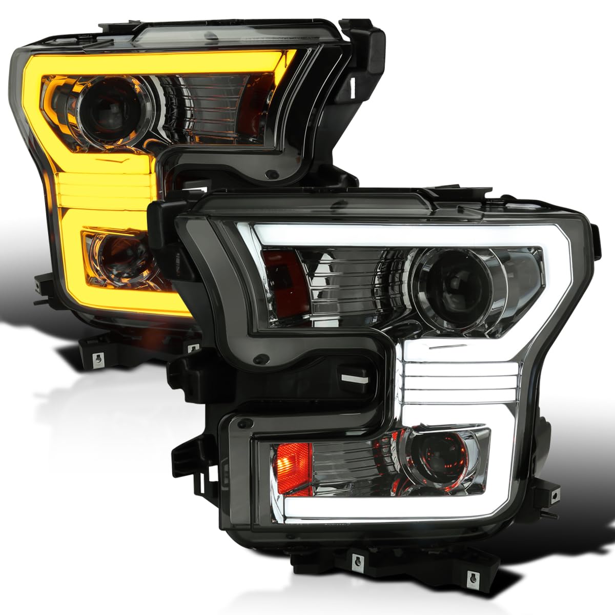 Dual Projector Headlights SPEC-D TUNING w/Switchback Sequential LED Tube Signal Compatible with 2015-2017 Ford F150 Left + Right Pair Headlamps Assembly