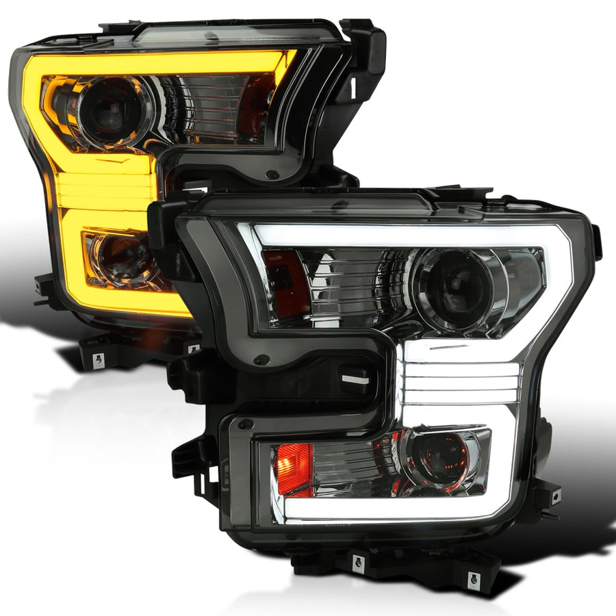 Dual Projector Headlights SPEC-D TUNING w/Switchback Sequential LED Tube Signal Compatible with 2015-2017 Ford F150 Left + Right Pair Headlamps Assembly
