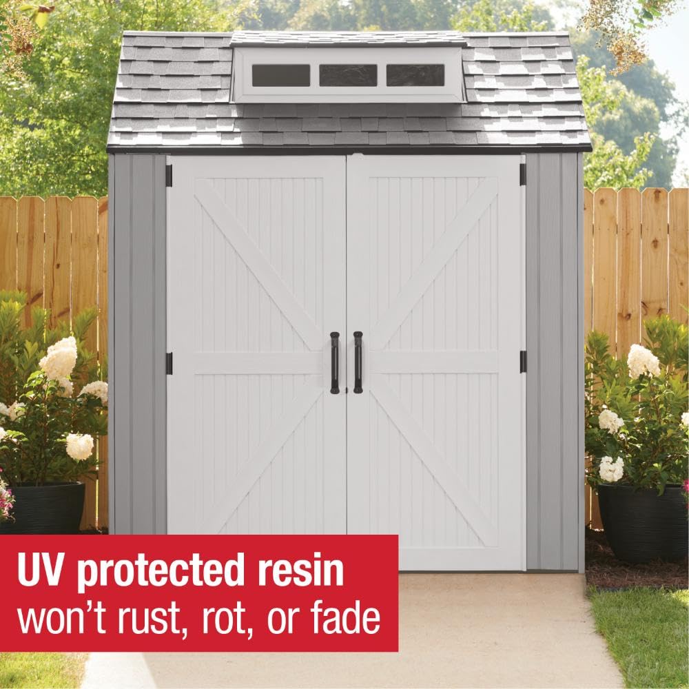 Rubbermaid Outdoor Resin Storage Shed With Floor (7 x 7 Ft) Weather Resistant Gray Organization for Home/Backyard/Garden Tools/Lawn Mower/Bike Storage/Pool Supplies