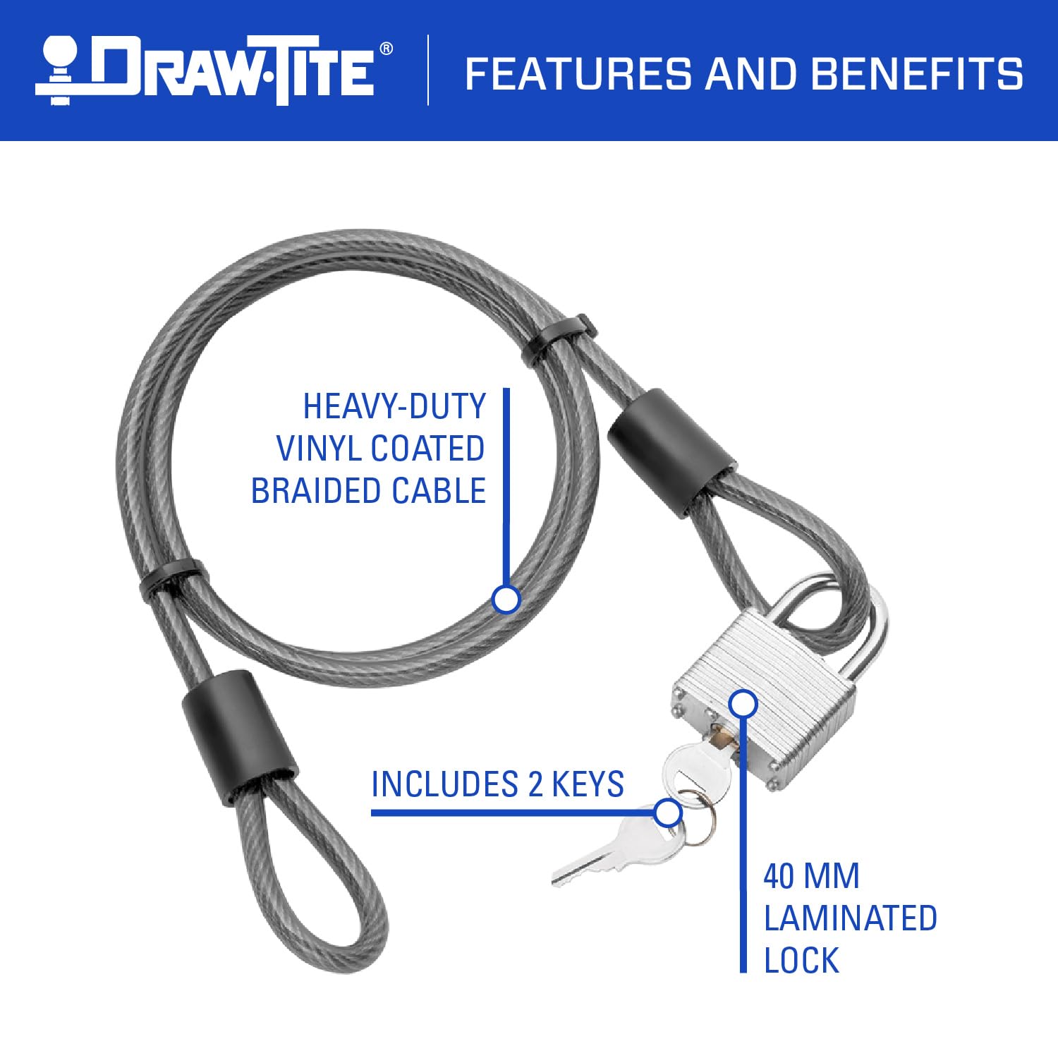 Cable Lock Draw-Tite 63255, 4 Foot Length, Two Flat Keys included