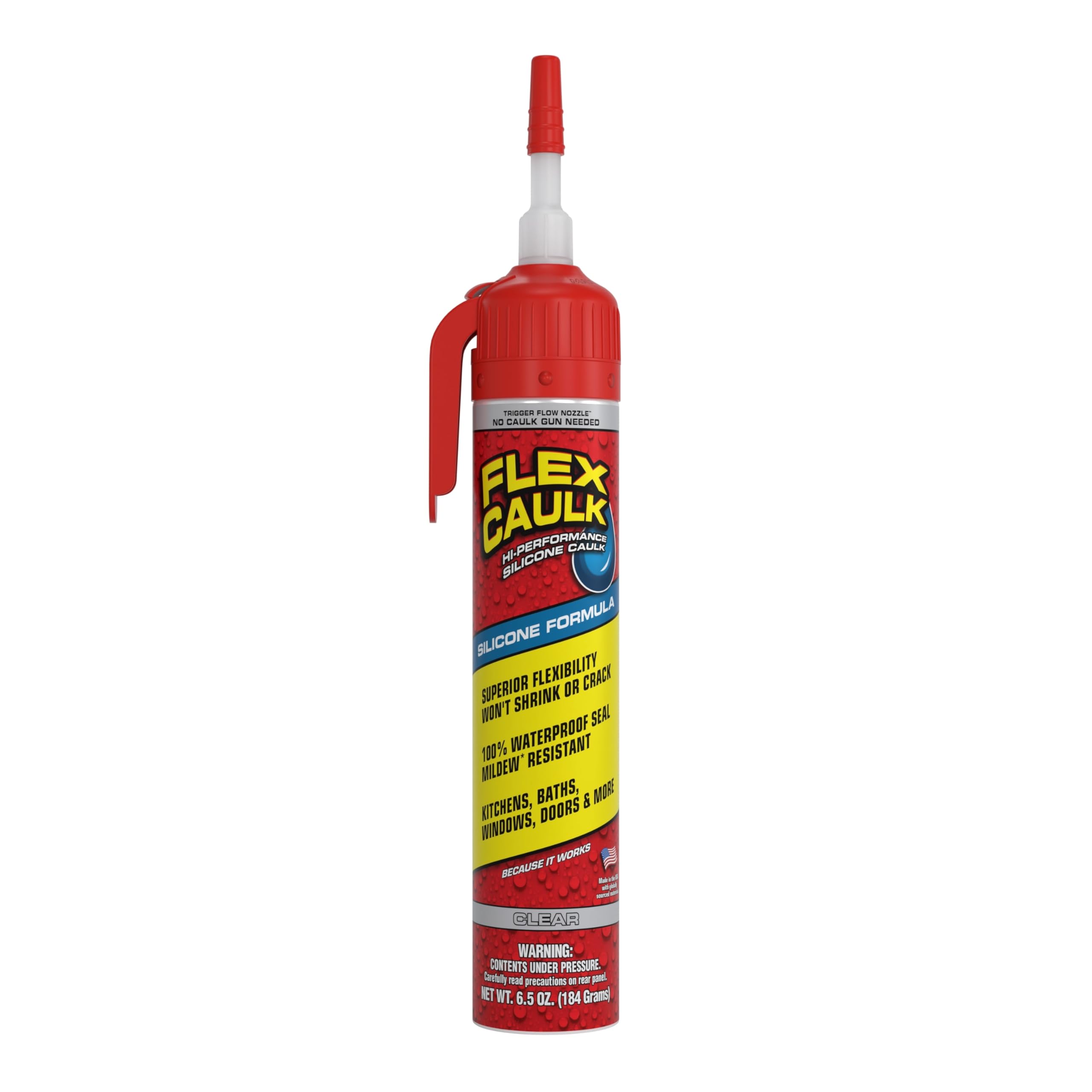 Silicone Flex Caulk, Waterproof & Weatherproof Sealant, Strong, Indoor, Outdoor, Bath, Kitchen, Shower, Sink, Window, Baseboards, Door, RV, Roof, Wood, Glass, Tile, Marine, Clear, 6.5 oz, 1-Pack