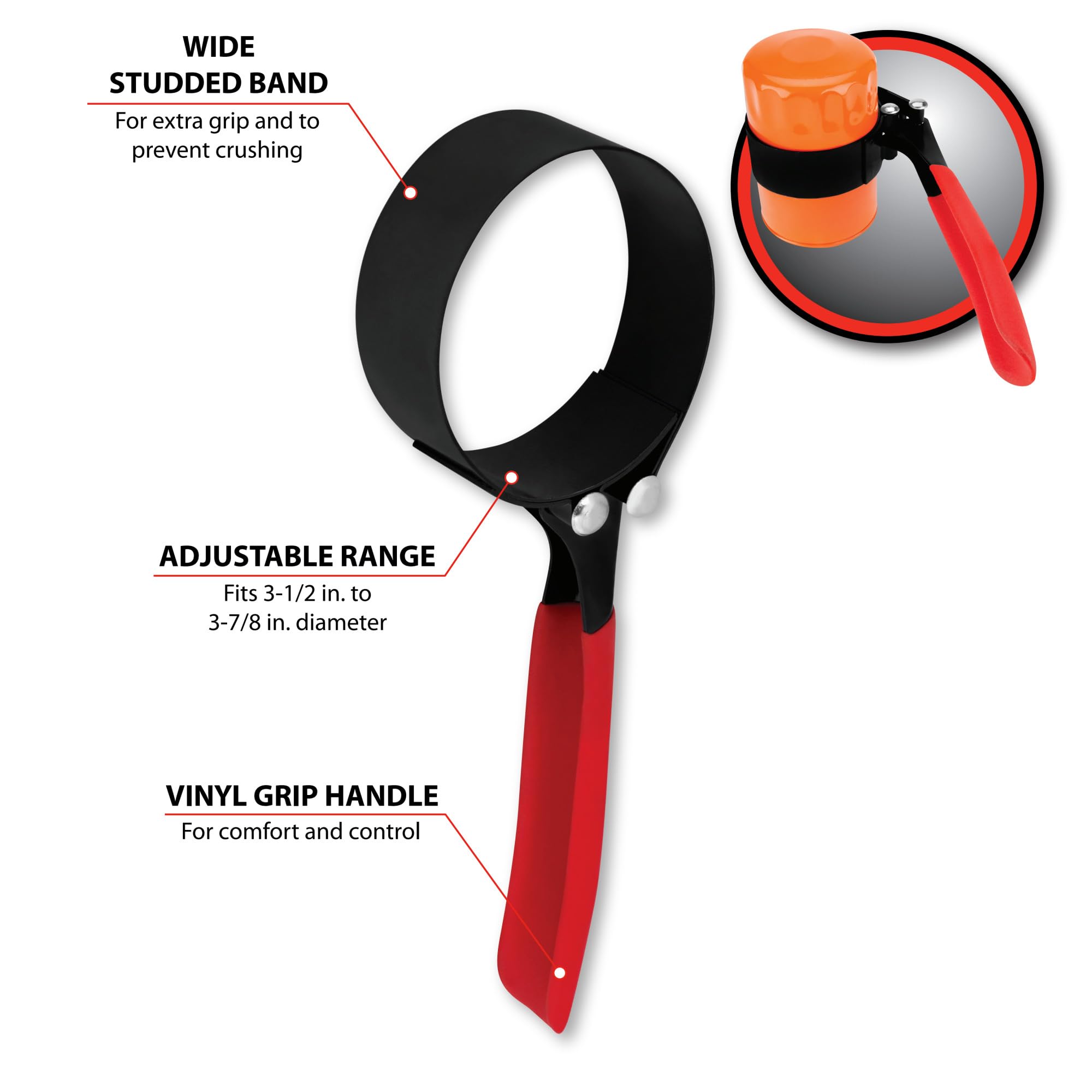 W54123 Performance Tool Oil Filter Wrench, Swivel Handle, Studded Steel Band, 2 1/4 in. to 2 3/4 in. (57mm to 69mm) Diameter, Black/Red
