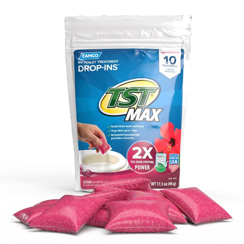 Camco TST MAX Drop-INs RV Toilet Treatment - Control Unwanted Odors and Break Down Waste and Tissue - Septic Tank Safe - Hibiscus Breeze Scent - 10-pack (41603)