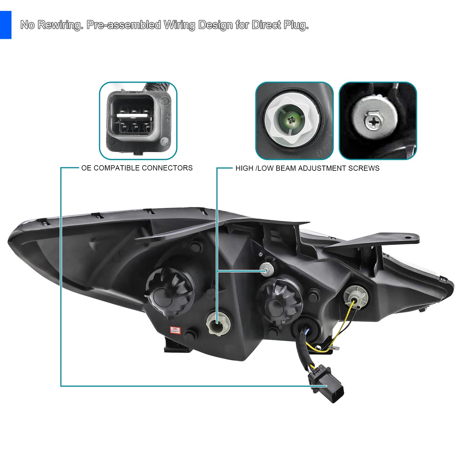 Black Projector Headlights SPEC-D TUNING Compatible with 2011-2014 Hyundai Sonata, Left + Right Pair Headlamps Assembly