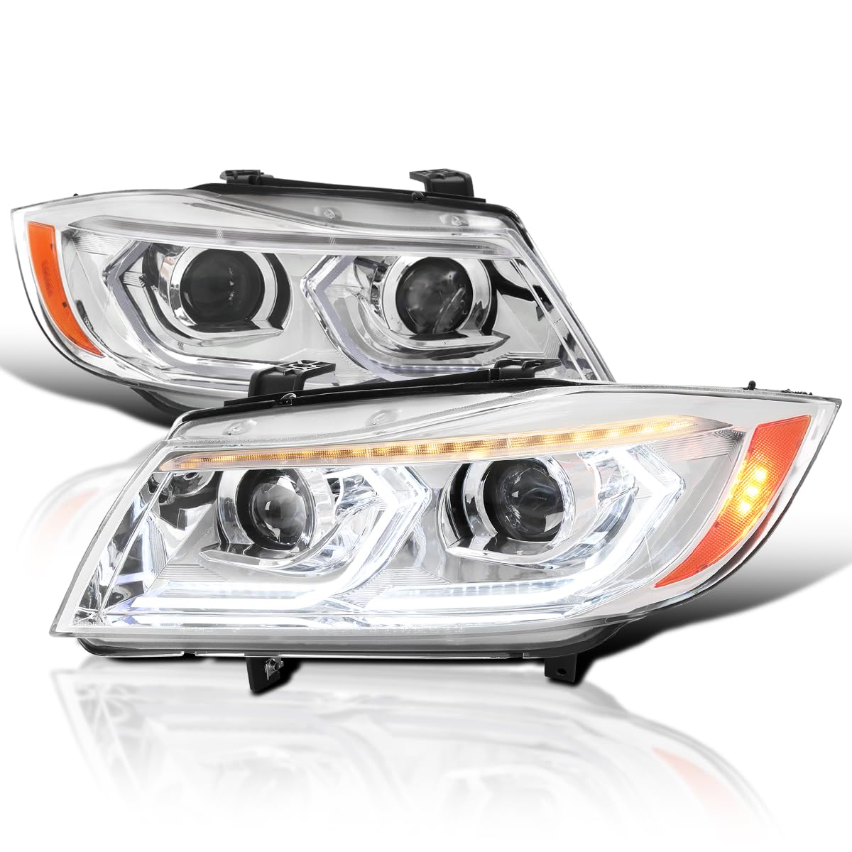 Dual Projector SPEC-D TUNING Chrome Headlights with 3D LED Tube and Startup Animation Compatible with 2006-2011 BMW 3-Series E90 Sedan/E91 Wagon, Left + Right Pair Headlamps Assembly