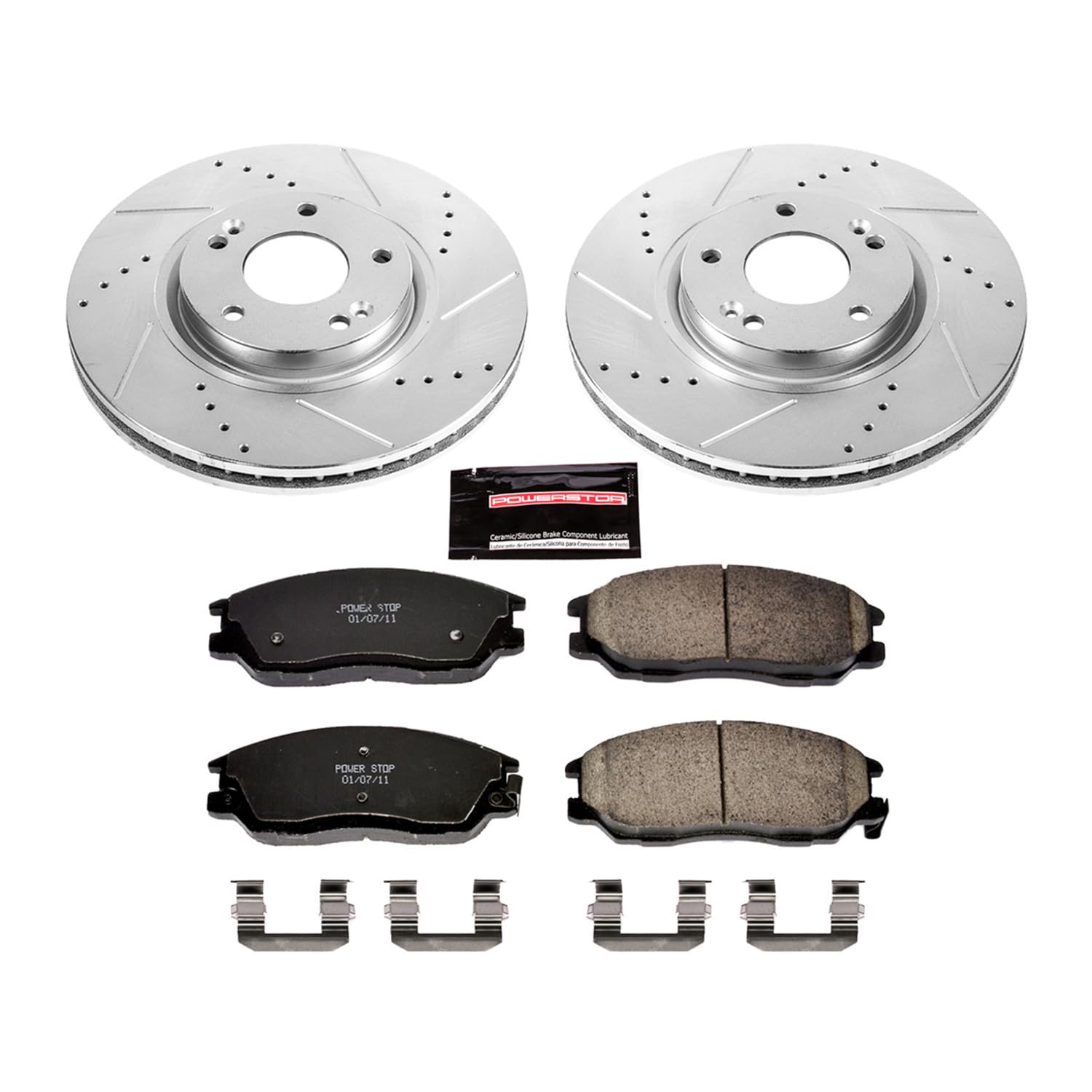 Power Stop K4557 Z23 Carbon Fiber Brake Pads with Drilled & Slotted Brake Rotors Kit For Hyundai XG350 2003-2005, Kia Amanti 2004-2006 [Model Specific]