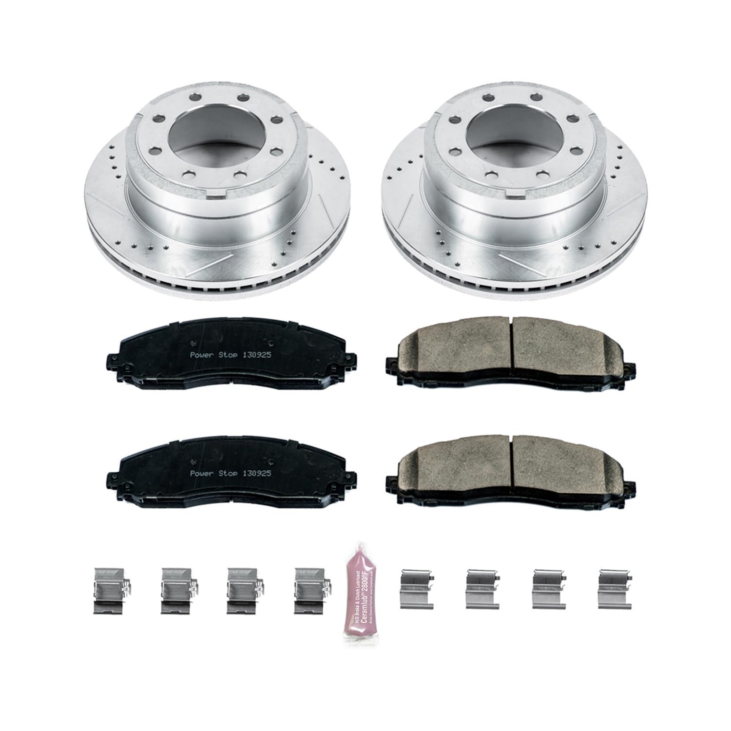 Power Stop K6407 Z23 Carbon Fiber Brake Pads Rear with Drilled and Slotted Brake Rotors Kit For 2013 2014 2015 2016-2022 Ford F-250 F-350 Super Duty Single Rear Wheel