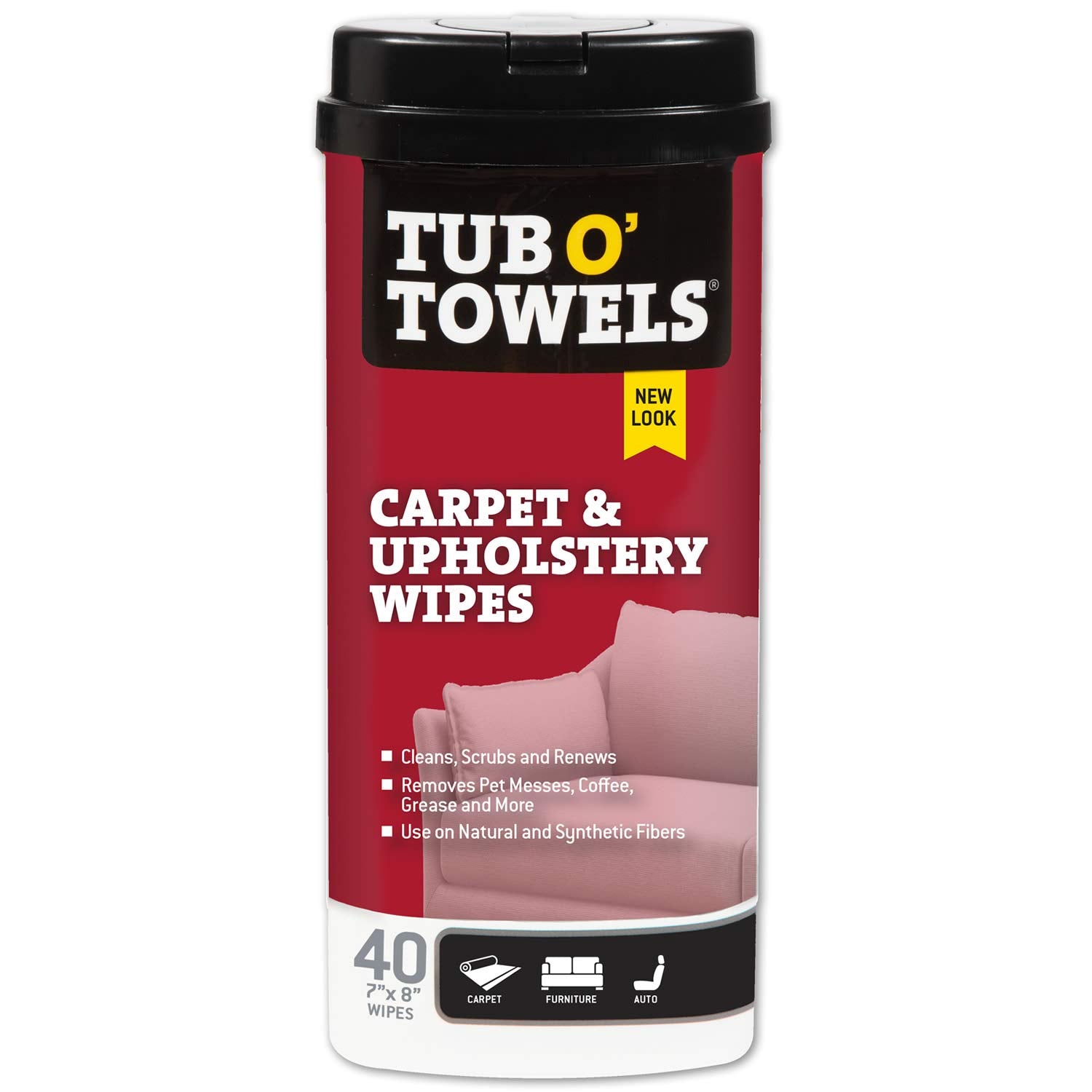 Tub O' Towels Cleaning Wipes Carpet, Rug, and Upholstery - Extra Strength Stain Remover, Odor-Fighting Power, Safe on Natural & Synthetic Fibers, 40-7” x 8” Wipes Per Tub, 1-Pack, Light Citrus Scent