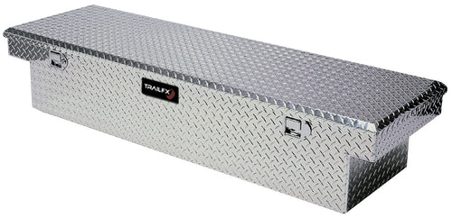 110701 TrailFX Tool Box Crossover Standard Single Lid With Struts Diamond Tread Bright Polished 16 Gauge Aluminum 8.8 Cubic Foot Capacity With Plastic Tray