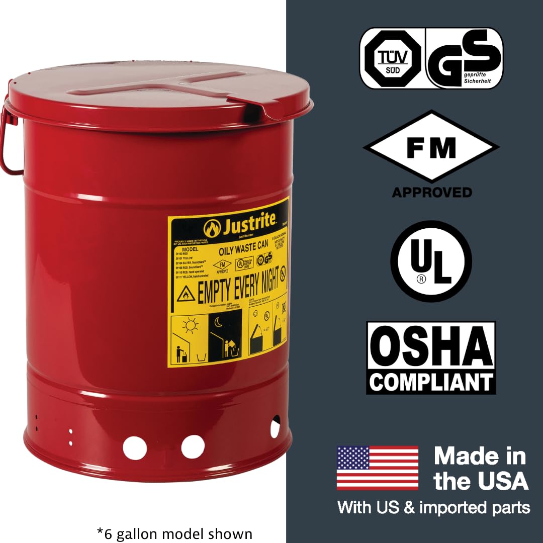 14 Gallon Justrite Galvanized Steel Oily Waste Can, 20" x 16" Metal Oil Rag Safety Can with Hand Operated Self-Closing Lid for Oil Rag Disposal, Made in The USA, Red, 09510