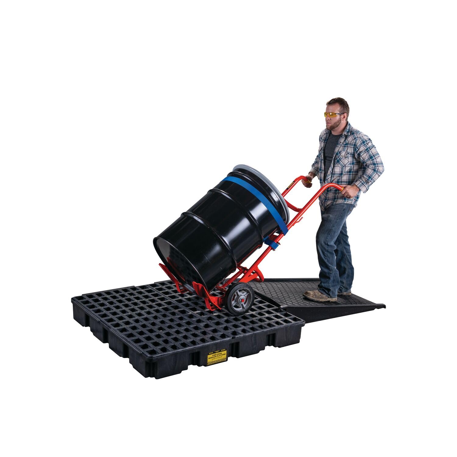 4 Drum Spill Platform Eagle Square with Drain and Forklift Pockets, 51.5"x51.5"x6.5", 60.5 Gallon Sump, 10,000 lbs. Load Capacity Containment Tray, Made in USA, Black, 1635BD