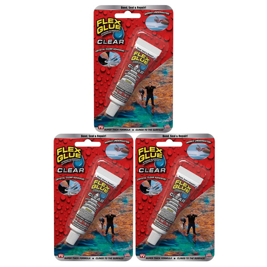Mini Flex Glue, Clear, 3-Pack, Super Strong, Transparent, Rubberized Waterproof Adhesive, Works Underwater, Use on Pools, Showers, Outdoors, Concrete, Brick, Pavers, Masonry, UV Resistant