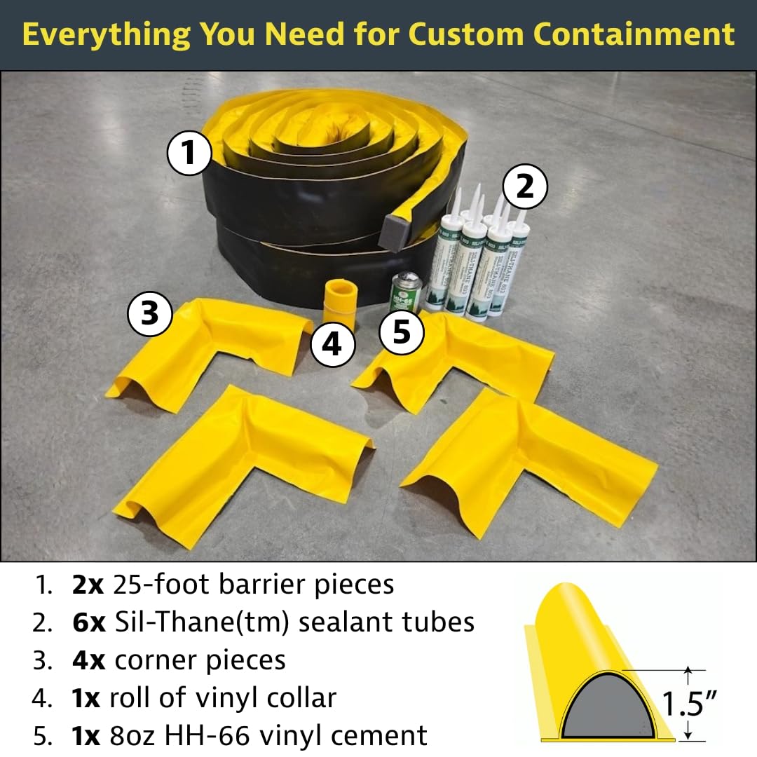 Justrite Fuel Spill Containment Curbs Make-A-Berm™ Complete Kit 50' Long x 1.5" High, Custom Chemical Spill Containment Berm System, Yellow PVC Coated Fabric, Made in The USA, 28464