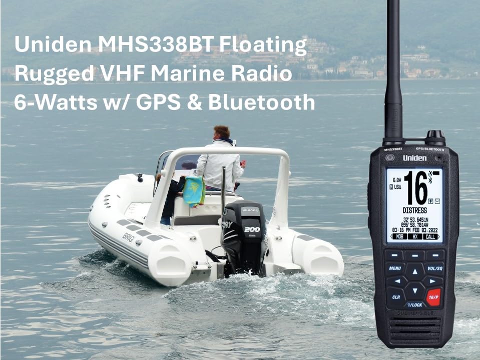 Floating, Handheld Uniden MHS338BT Marine VHF Radio, 6-Watts, GPS and Bluetooth, Submersible IPX8, Emergency Strobe & Flashlight, NOAA Weather Alerts, FM Radio, Chargeing Cradle & Li-ion Battery.