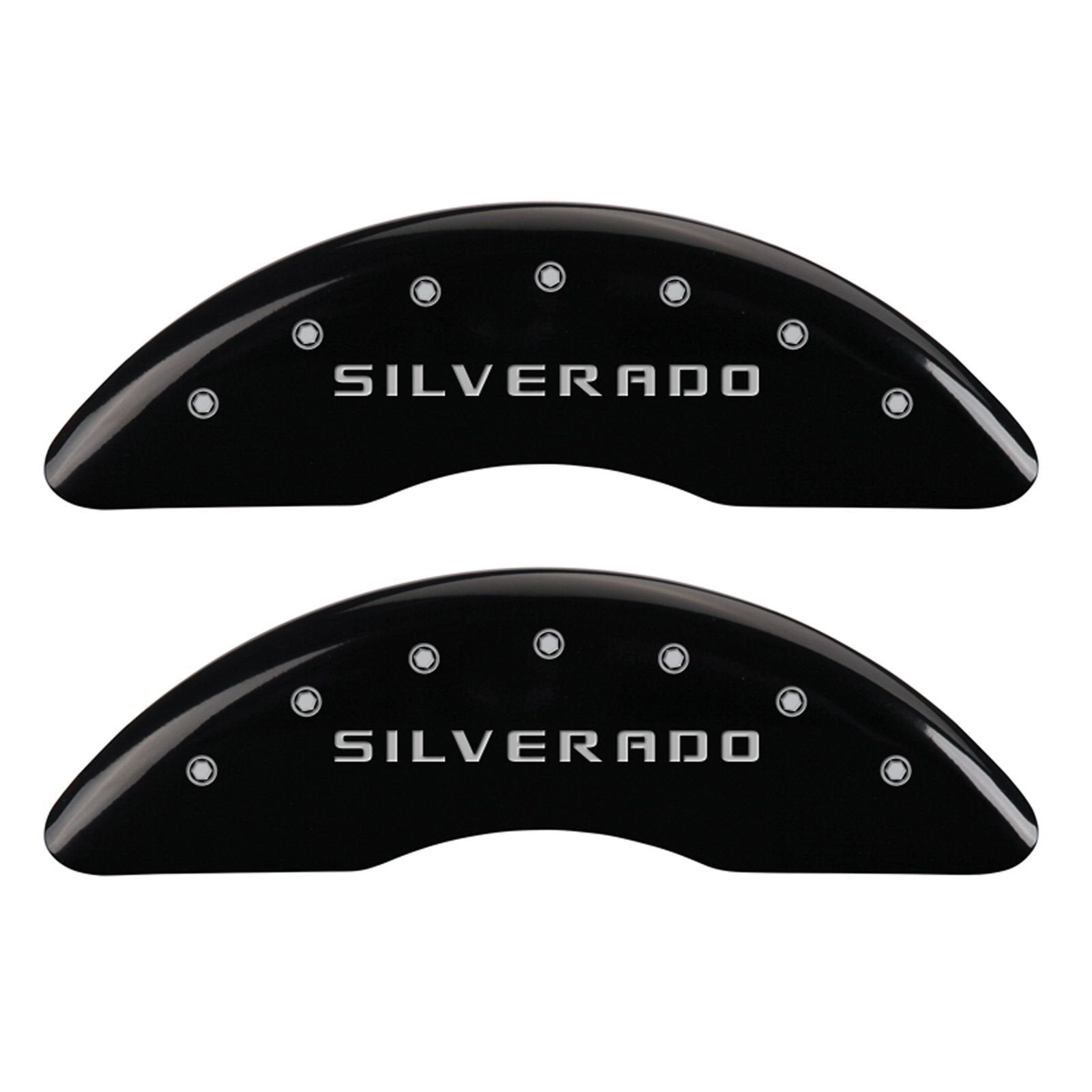 MGP Caliper Covers 'SILVERADO' 14173SSILBK Engraved Caliper Cover with Black Powder Coat Finish and Silver Characters, (Set of 4)