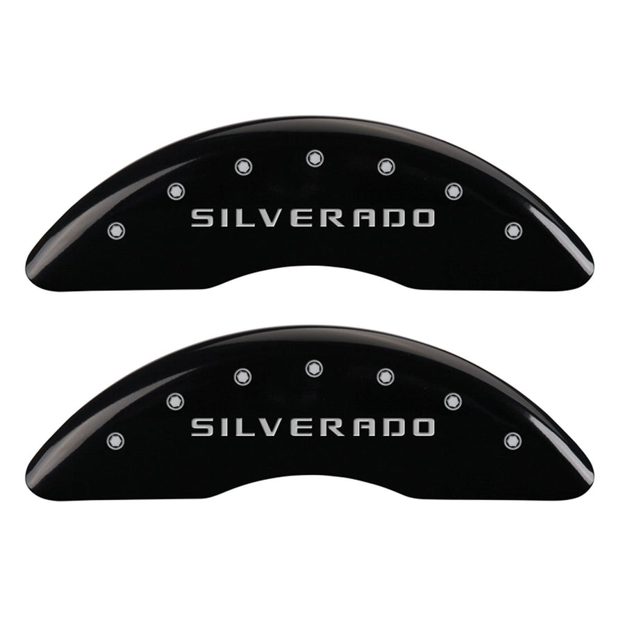 MGP Caliper Covers 'SILVERADO' 14173SSILBK Engraved Caliper Cover with Black Powder Coat Finish and Silver Characters, (Set of 4)