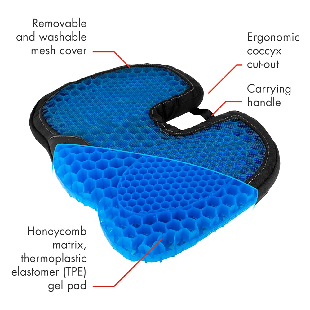 Comfy Gel HEALTHMATE IN9115 Coccyx Cushion Gel Seat Cushion for Long Sitting for Back, Sciatica and Tailbone Pain Relief, for Office Chair, Car, Wheelchair, Long Trips