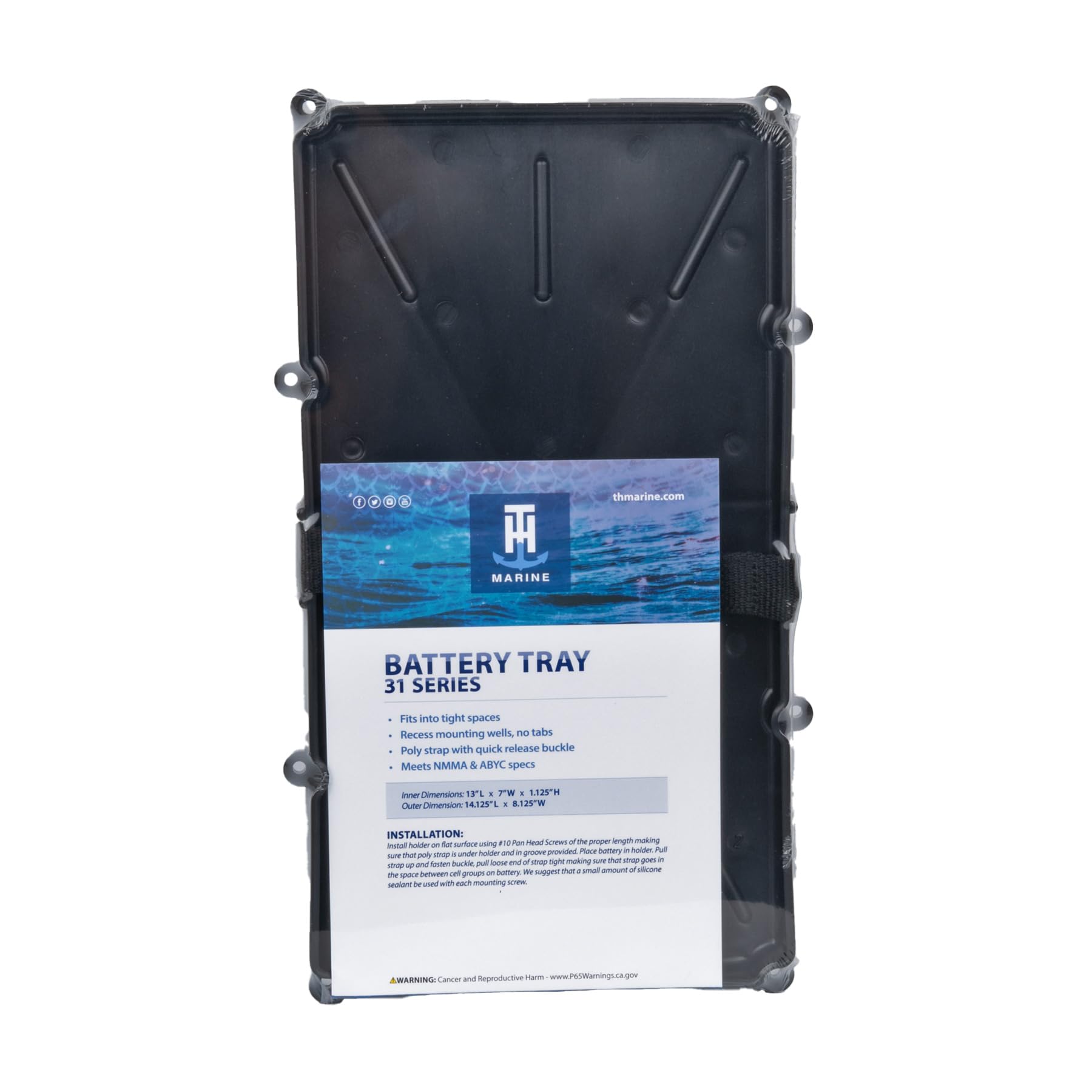 Narrow Battery Tray Holder T-H Marine - Space Saving Battery Storage Solution for Group 29 & 31 - NMMA Certified with Poly Strap & Quick Release Buckle - Ideal for Boats & RVs
