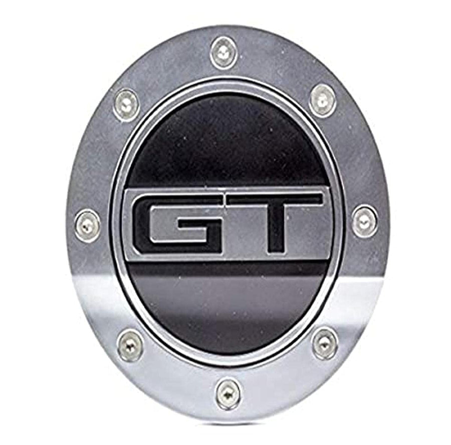 Drake Muscle Cars Fuel Door Comp Series with GT Lettering in Satin Silver/Black Finish, Compatible with Ford Mustang GT 2015-2021, Model FR3Z-6640526-GS