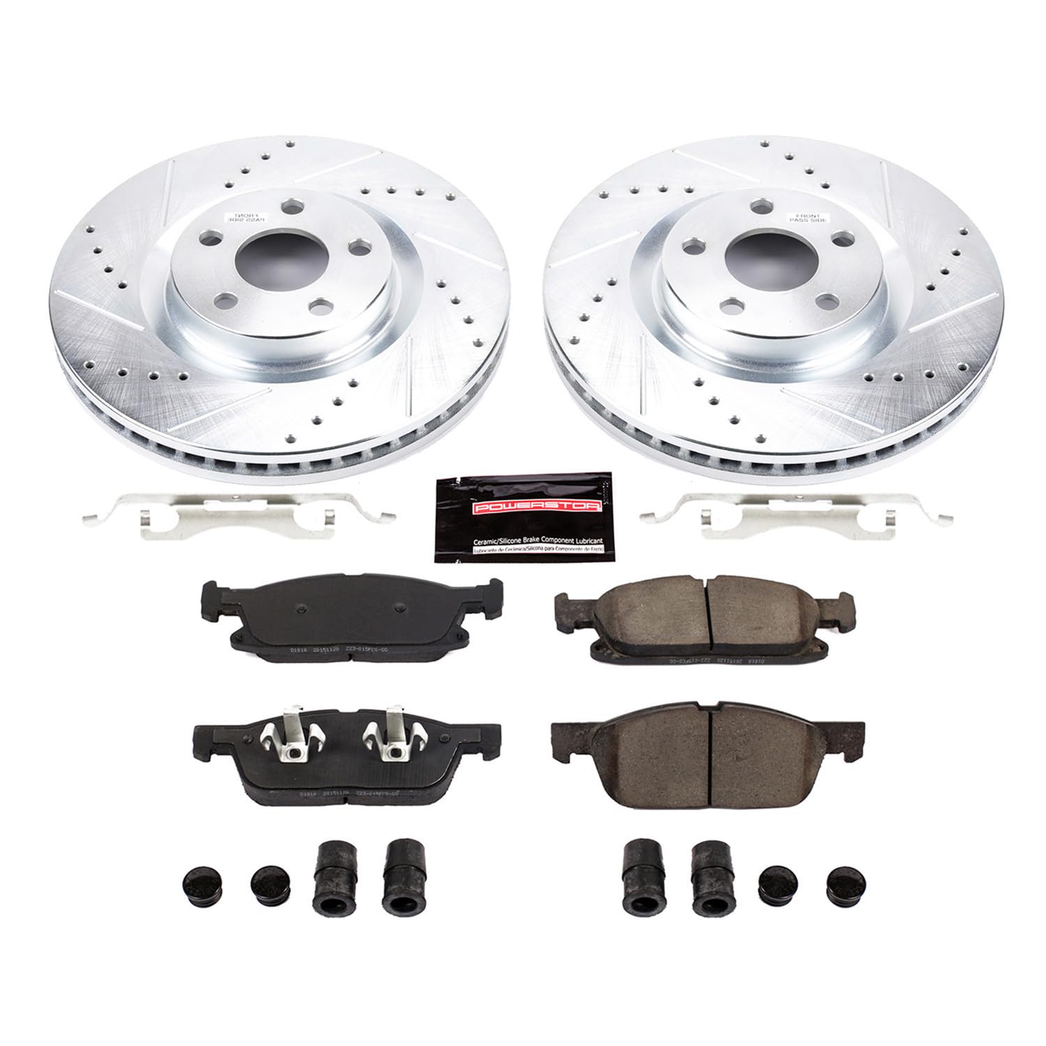 Power Stop K7321 Z23 Carbon Fiber Brake Pads Front with Drilled & Slotted Brake Rotors Kit For Ford Edge 2015-2020 [Model Specific]