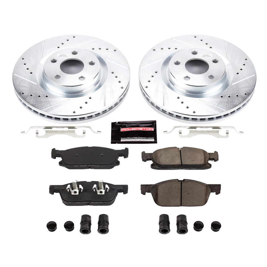 Power Stop K7321 Z23 Carbon Fiber Brake Pads Front with Drilled & Slotted Brake Rotors Kit For Ford Edge 2015-2020 [Model Specific]