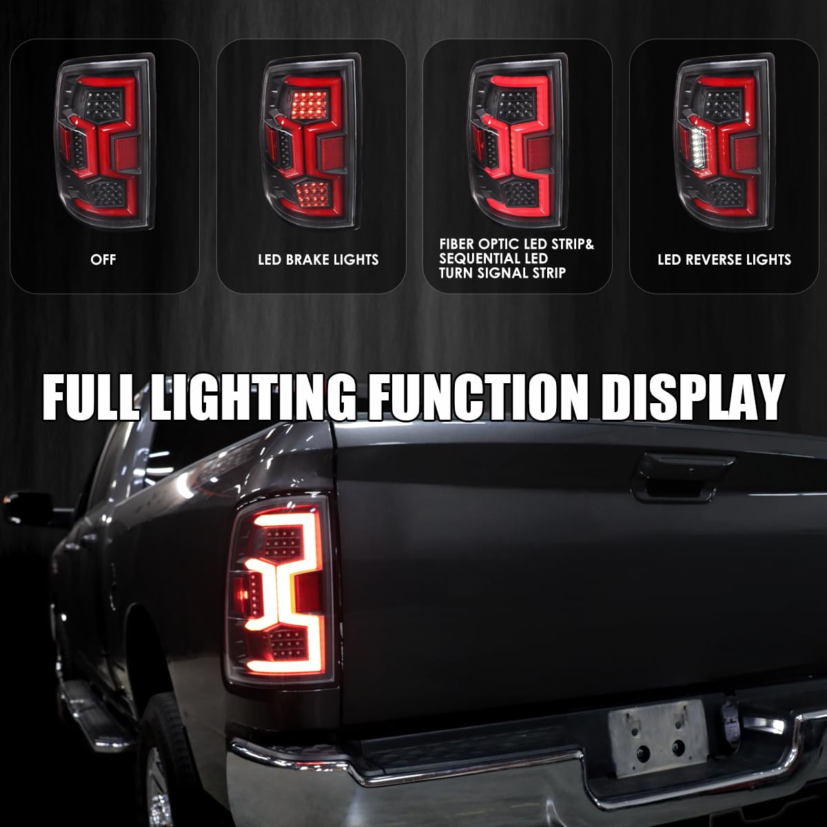 Black Tail Lights w/Red Fiber Optic Sequential LED Turn Signal Lights SPEC-D TUNING Compatible with 2019-2024 Dodge Ram 2500/3500