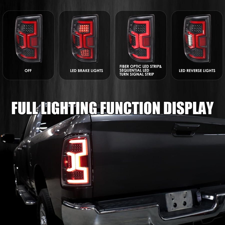 Black Tail Lights w/Red Fiber Optic Sequential LED Turn Signal Lights SPEC-D TUNING Compatible with 2019-2024 Dodge Ram 2500/3500