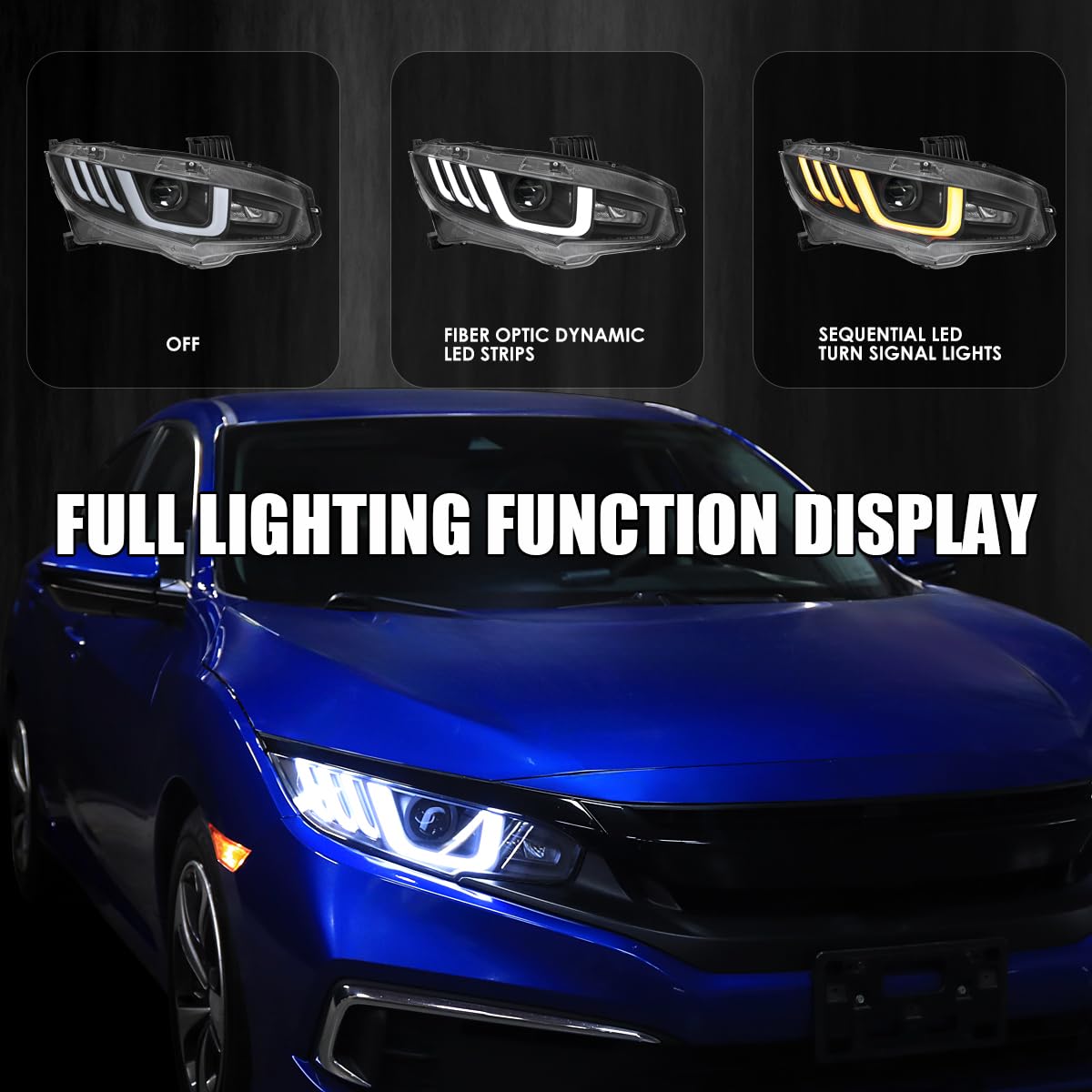 Black LED Tube Projector Headlights w/Switchback Sequential Signal SPEC-D TUNING Compatible with 2016-2021 Honda Civic Models with Factory Halogen Headlights Left + Right