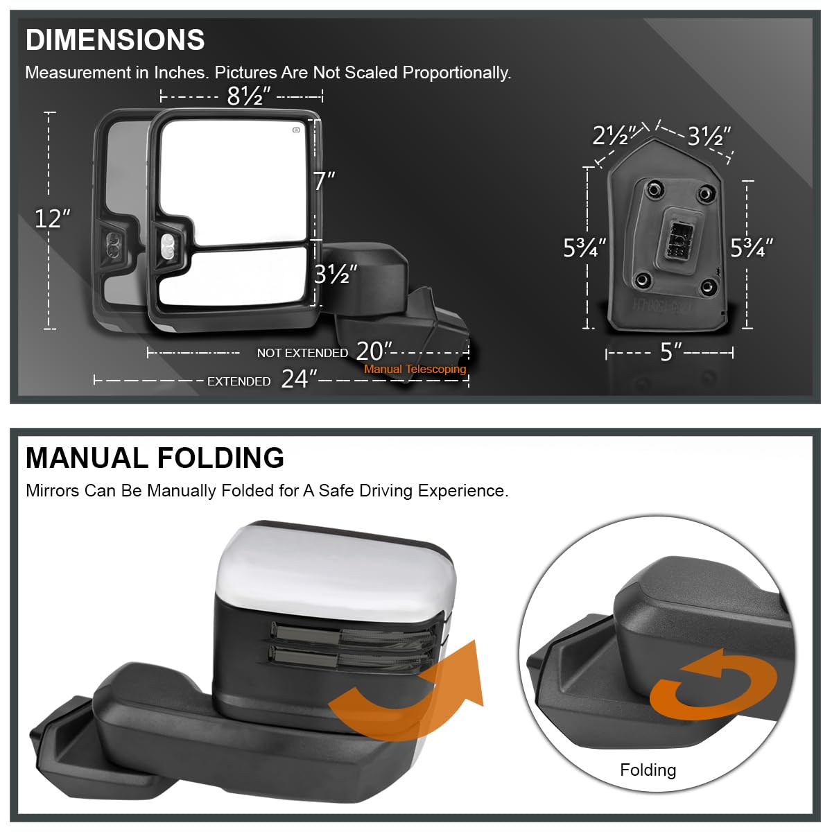 Power Spec-D Tuning Chrome Heated Towing Mirrors w/Smoke LED Signal, Temperature Sensor Compatible with 2019-2025 Chevy Silverado 1500, Left + Right Pair