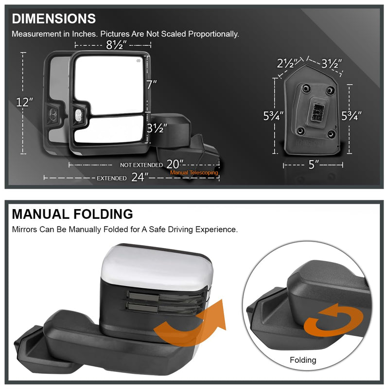 Power Spec-D Tuning Chrome Heated Towing Mirrors w/Smoke LED Signal, Temperature Sensor Compatible with 2019-2025 Chevy Silverado 1500, Left + Right Pair