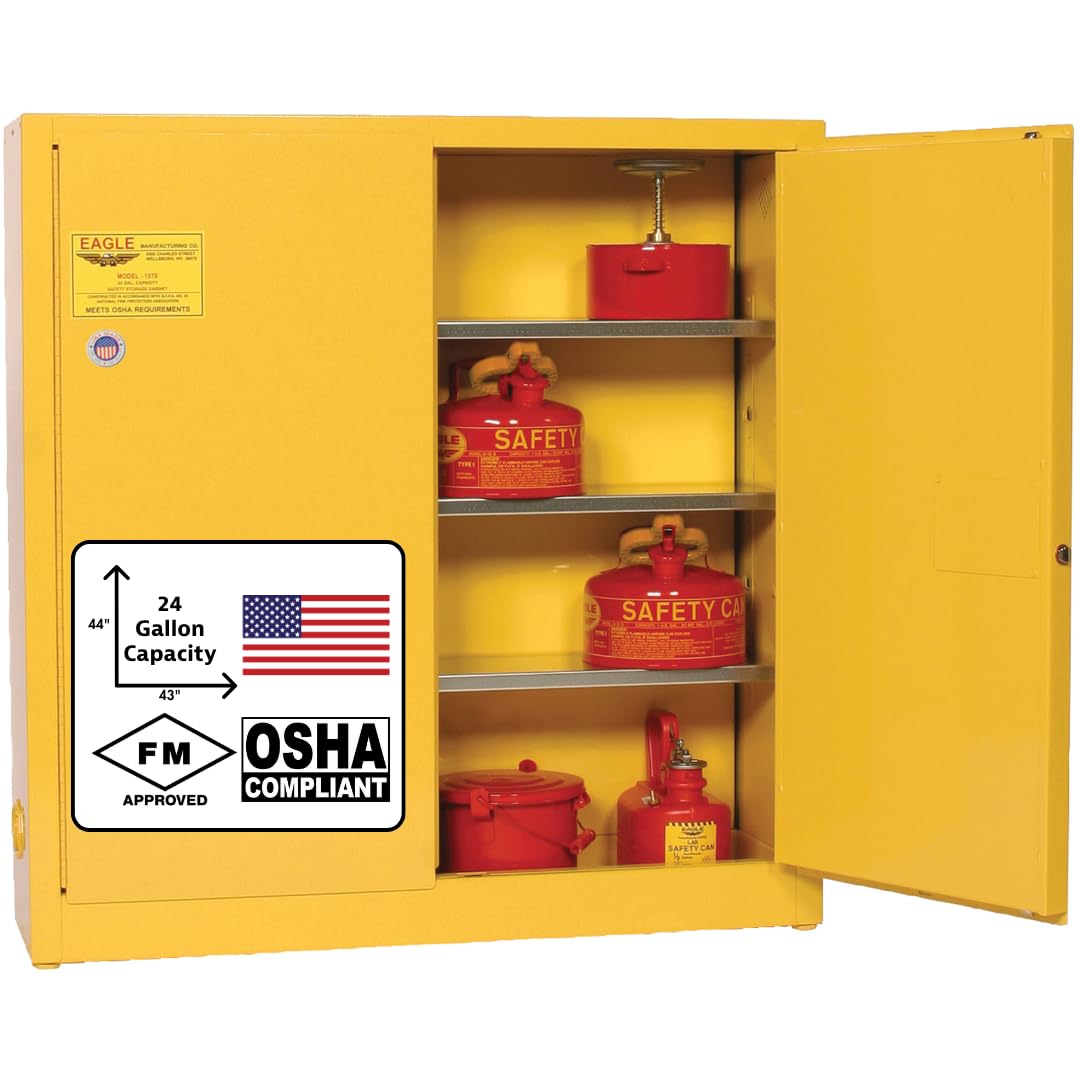 24 Gallon Eagle American Made F﻿lammable Liquid Storage Cabinet, Self-Close Wall Mount Fireproof Cabinet for Schools, Garages, Manufacturing Facilities, 43" x 12" x 44", 1975X