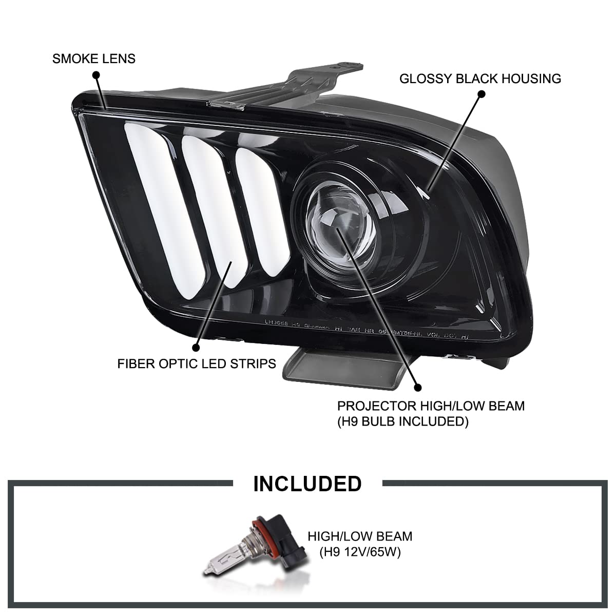 Smoke Projector Headlights SPEC-D TUNING Compatible with 2005-2009 Ford Mustang, Left + Right Pair Headlamps Assembly