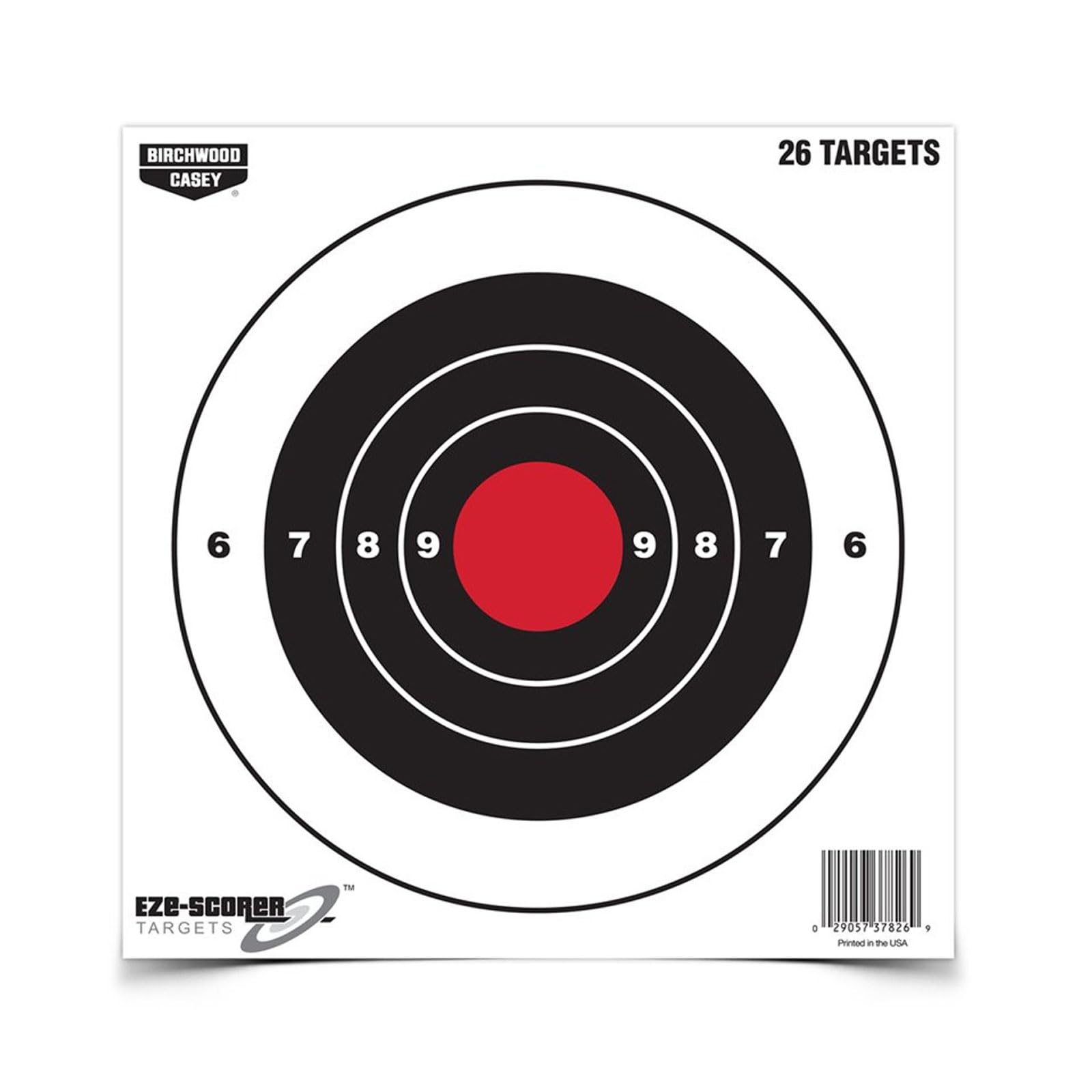 8" BIRCHWOOD CASEY Eze-Scorer Bull's-Eye Practice Shoot-Up Brilliant White Paper Targets for Indoor and Outdoor Use, 26 Targets