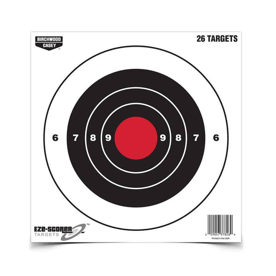 8" BIRCHWOOD CASEY Eze-Scorer Bull's-Eye Practice Shoot-Up Brilliant White Paper Targets for Indoor and Outdoor Use, 26 Targets
