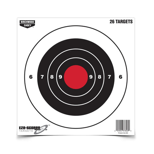 8" BIRCHWOOD CASEY Eze-Scorer Bull's-Eye Practice Shoot-Up Brilliant White Paper Targets for Indoor and Outdoor Use, 26 Targets