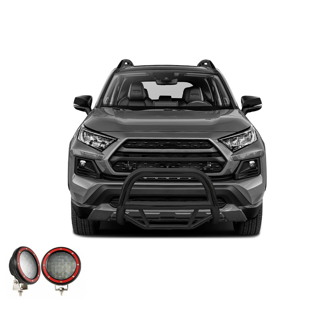 Max Bull Bar Black Horse Incl. Pair of 5.3" Dia.LED Lights w/Red Trim Rings No Skid Plate Black Compatible with 2019-2024 Toyota RAV4|2021-2024 Toyota Venza-MBB-TOB4802-PLFR