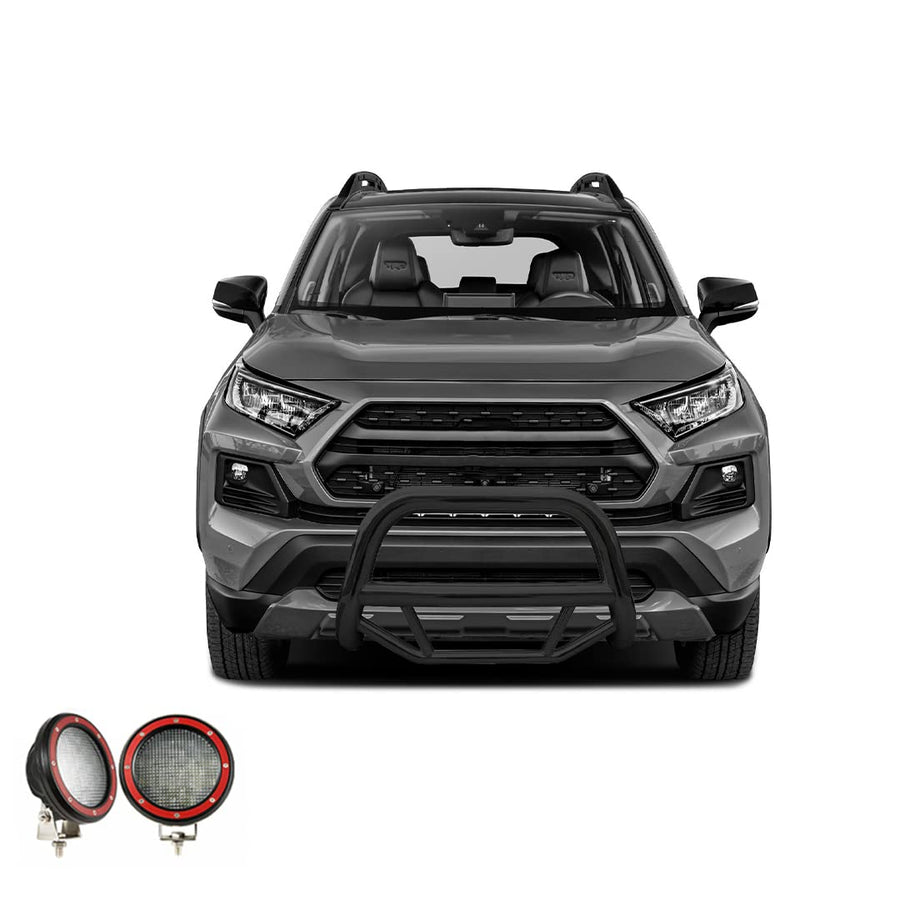 Max Bull Bar Black Horse Incl. Pair of 5.3" Dia.LED Lights w/Red Trim Rings No Skid Plate Black Compatible with 2019-2024 Toyota RAV4|2021-2024 Toyota Venza-MBB-TOB4802-PLFR