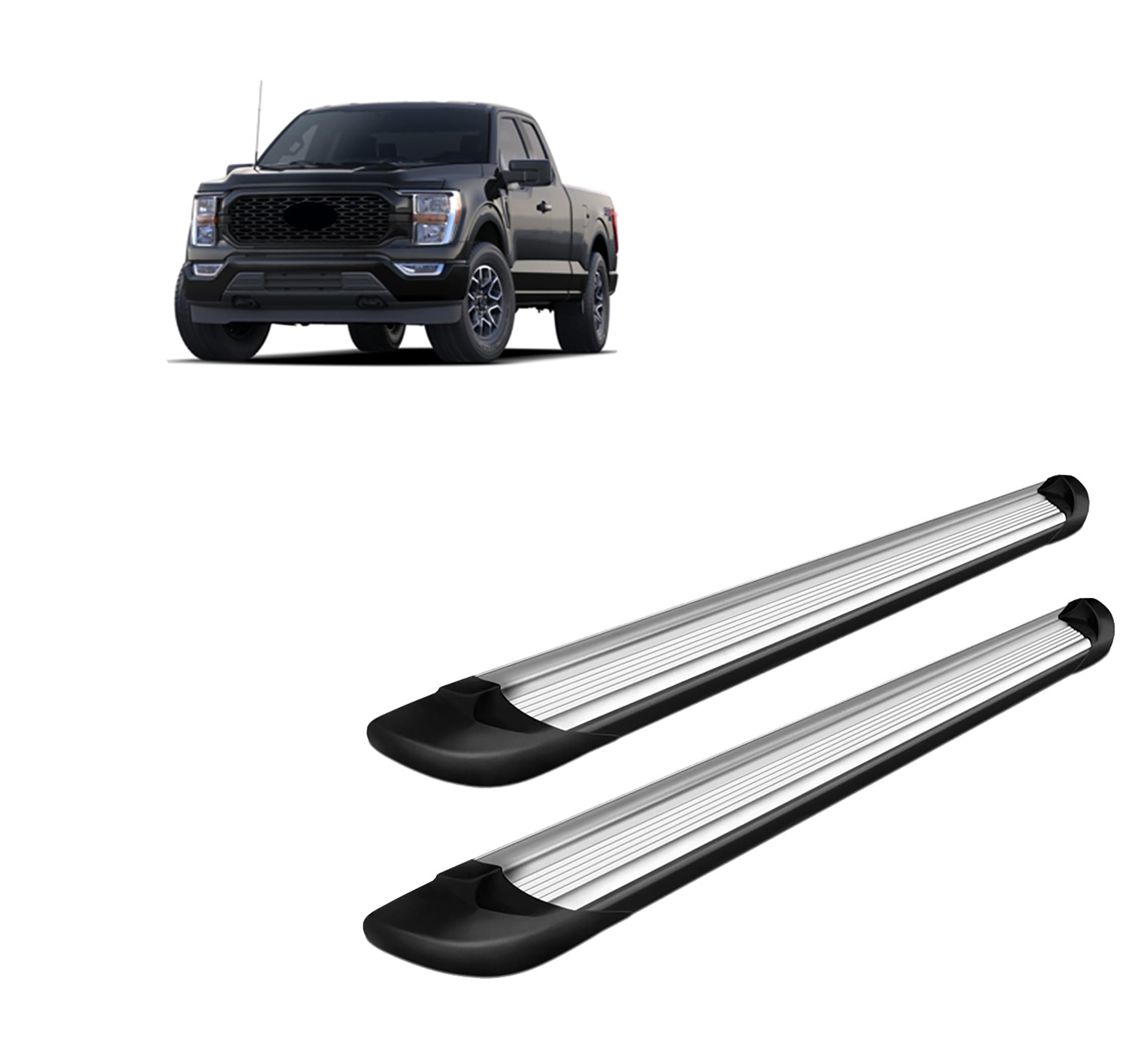 Silver Black Horse Aluminum Transporter Running Boards Compatible with 2015-2024 Ford F-150 Super Cab / 2017-2024 F-250 350 450 550 Super Duty Super Cab